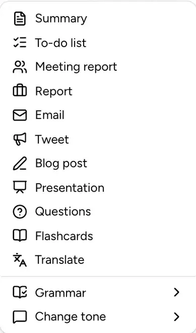 The Create with AI menu: Summary, To-do list, Meeting report, Report, Email, Tweet, Blog post, Presentation, Questions, Flashcards, Translate, Grammar and Change tone