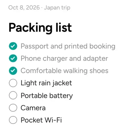 A Packing list note with three items checked off and four still to do
