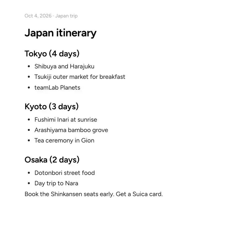 The BrainDump editor with a Japan itinerary note and nothing else on screen