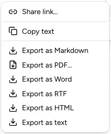 The Share submenu with Share link, Copy text and export as Markdown, PDF, Word, RTF, HTML or text