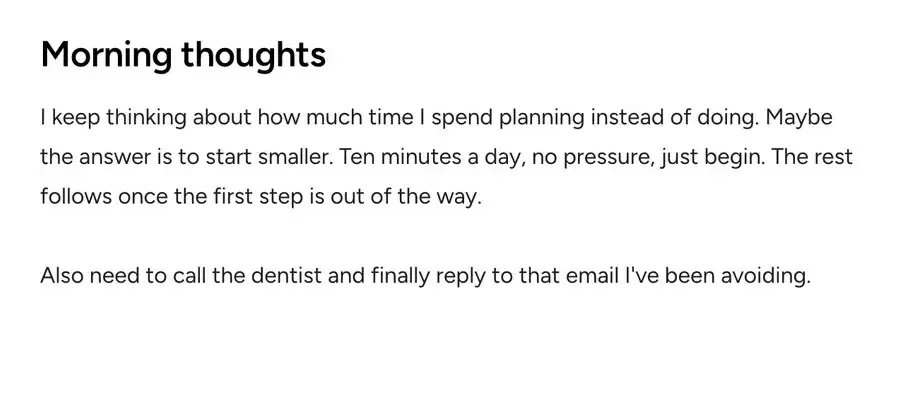 A Freewriting page called Morning thoughts, written without a title, folder or tags