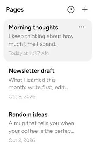 The Freewriting pages list with Morning thoughts, Newsletter draft and Random ideas