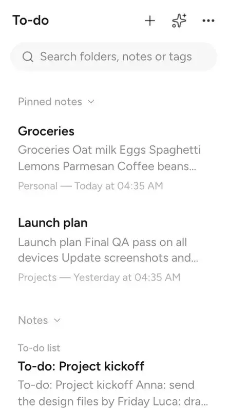 The To-do tag showing pinned notes Groceries and Launch plan, and a To-do list note