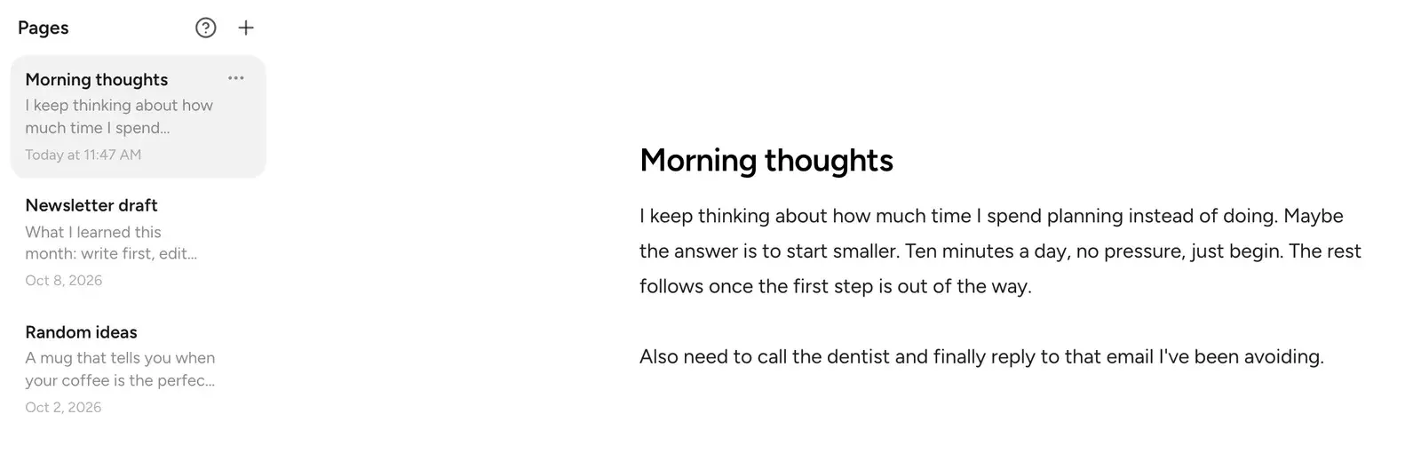 BrainDump Freewriting with a list of pages and an open page called Morning thoughts