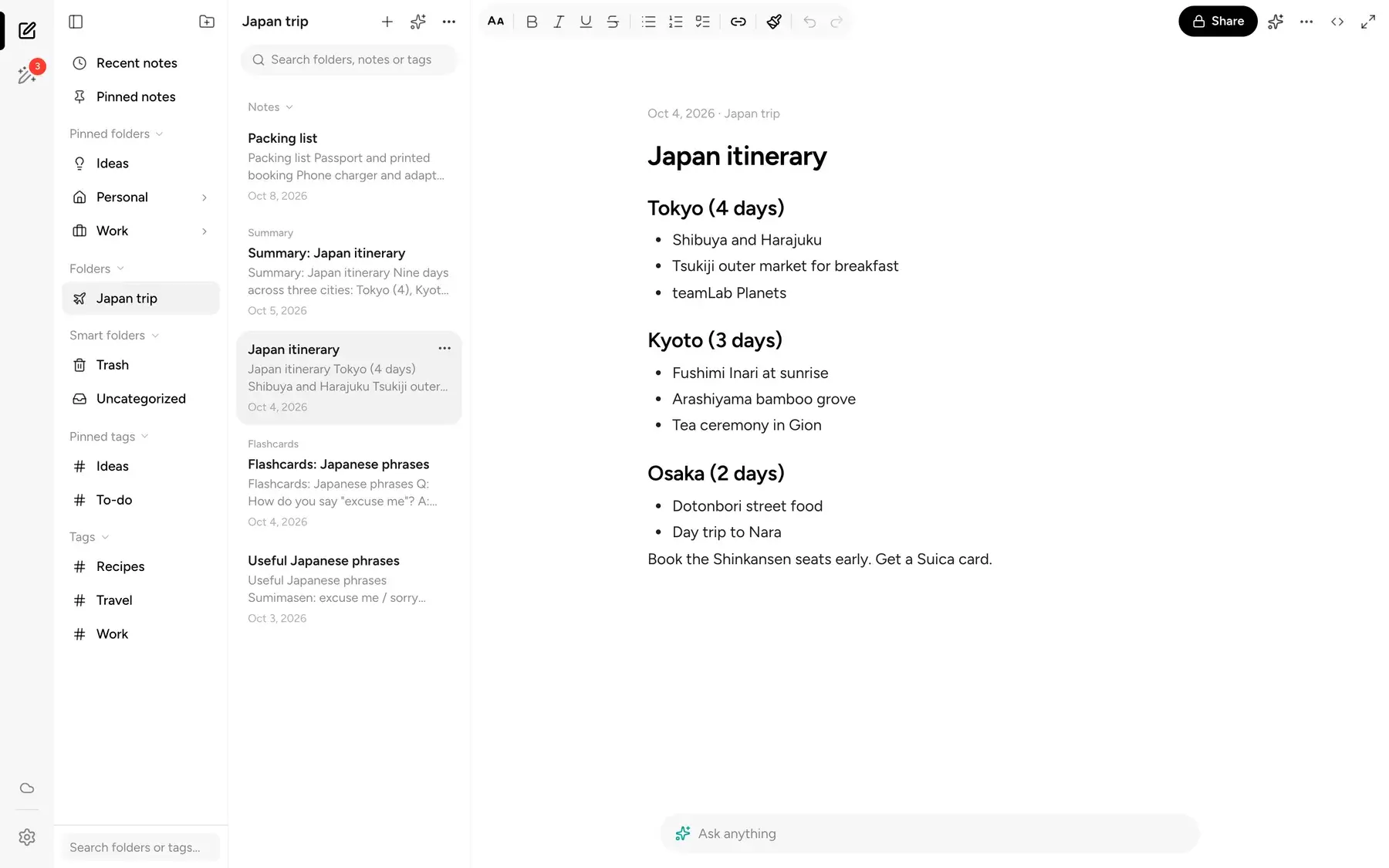 BrainDump on the web showing a Japan trip folder, its notes list and an open itinerary note